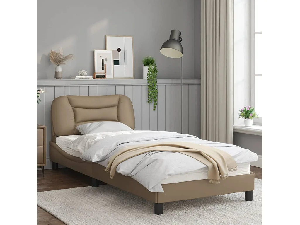 Estructura de cama con LED cuero sintético capuchino 90x200 cm