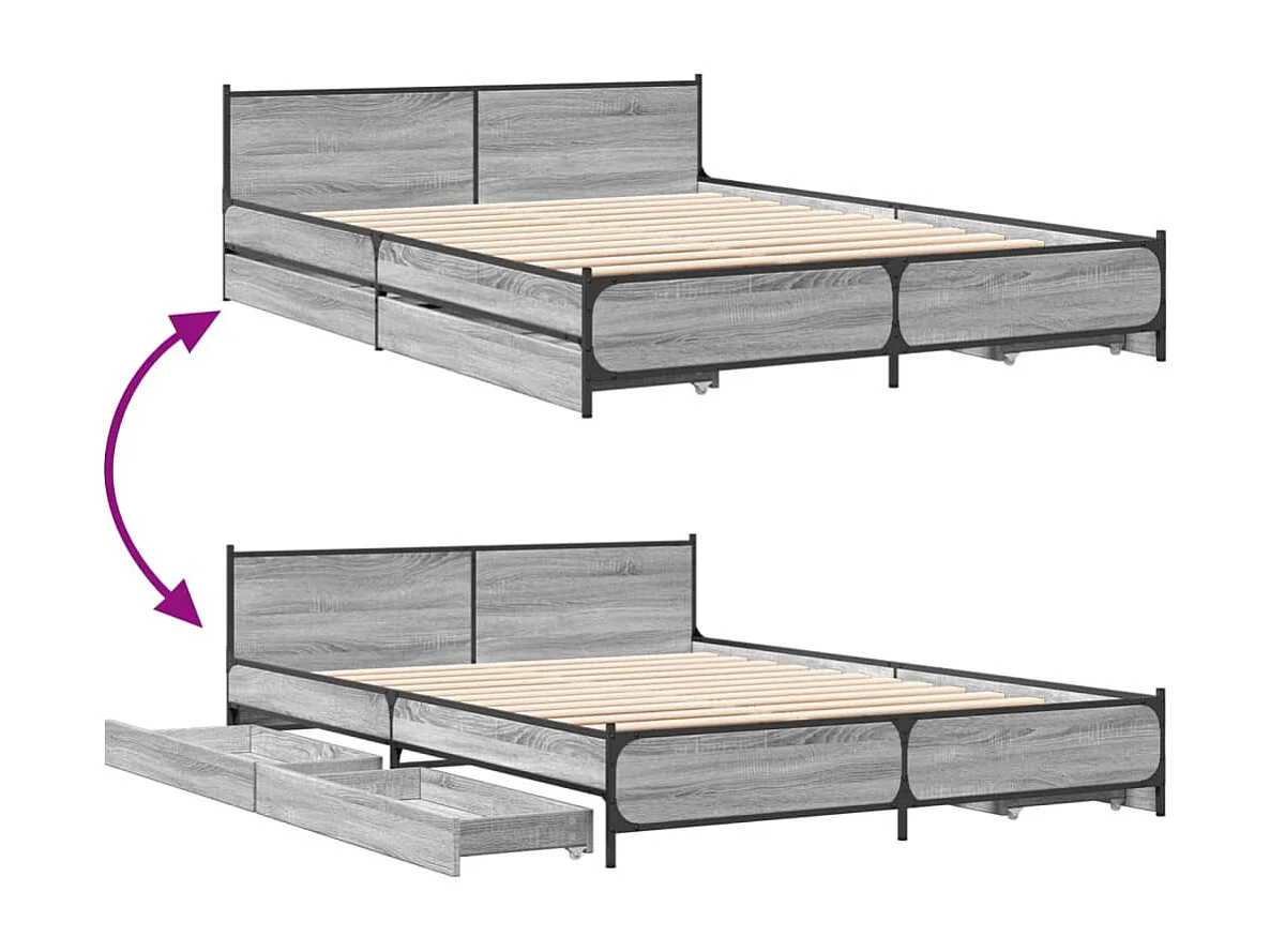 Cama con cajones madera ingeniería gris Sonoma 150x200 cm