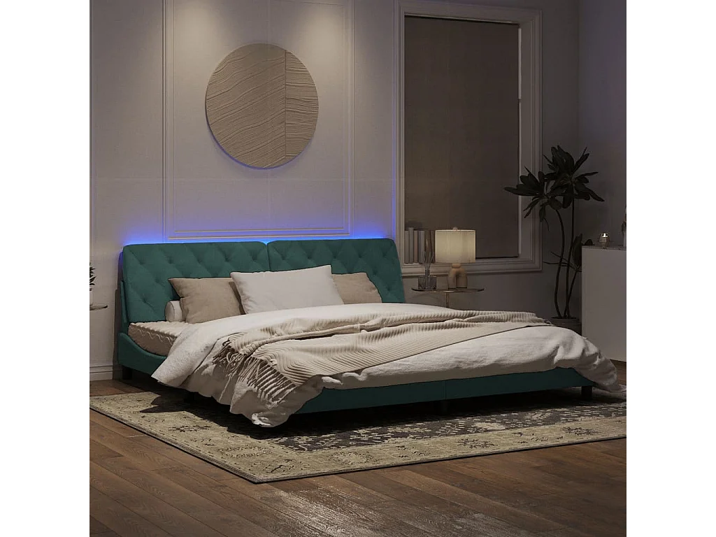 Estructura cama con luces LED terciopelo verde oscuro 200x200cm