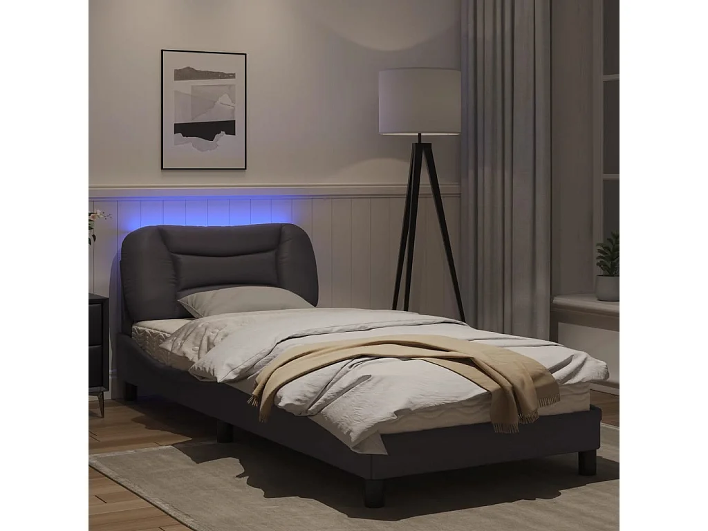 Estrutura cama c/ luzes LED 90x190 cm couro artificial cinzento