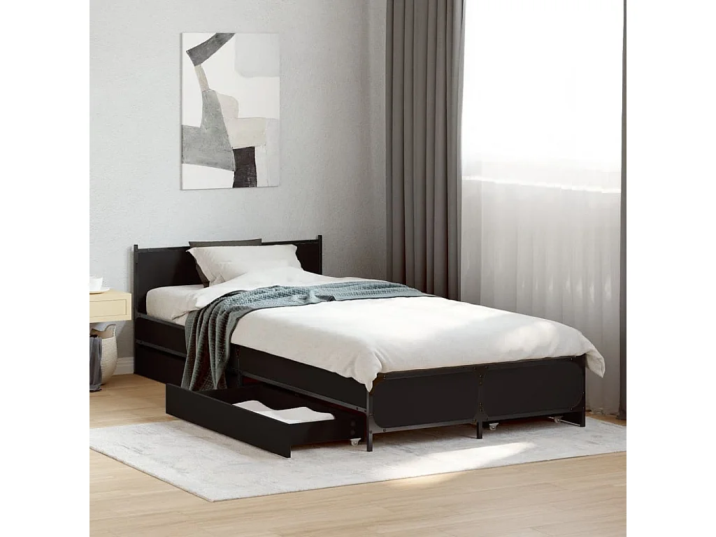 Cama con cajones madera de ingeniería negra 90x200 cm