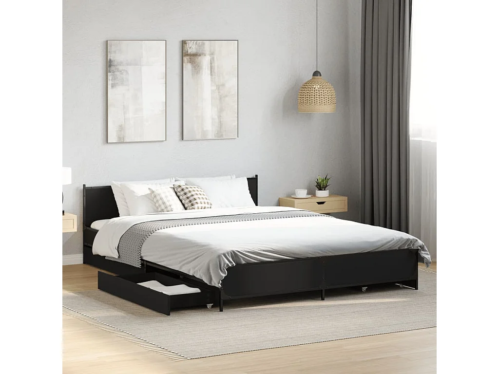 Estructura cama con cajones madera ingeniería negra 150x200 cm