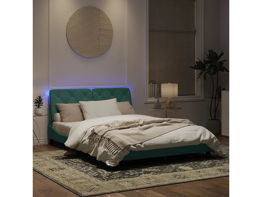 Cadre de lit avec lumières LED vert foncé 160x200 cm velours