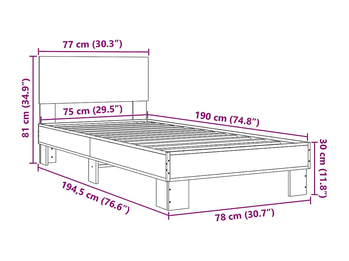 Estructura de cama madera de ingeniería y metal negra 75x190 cm