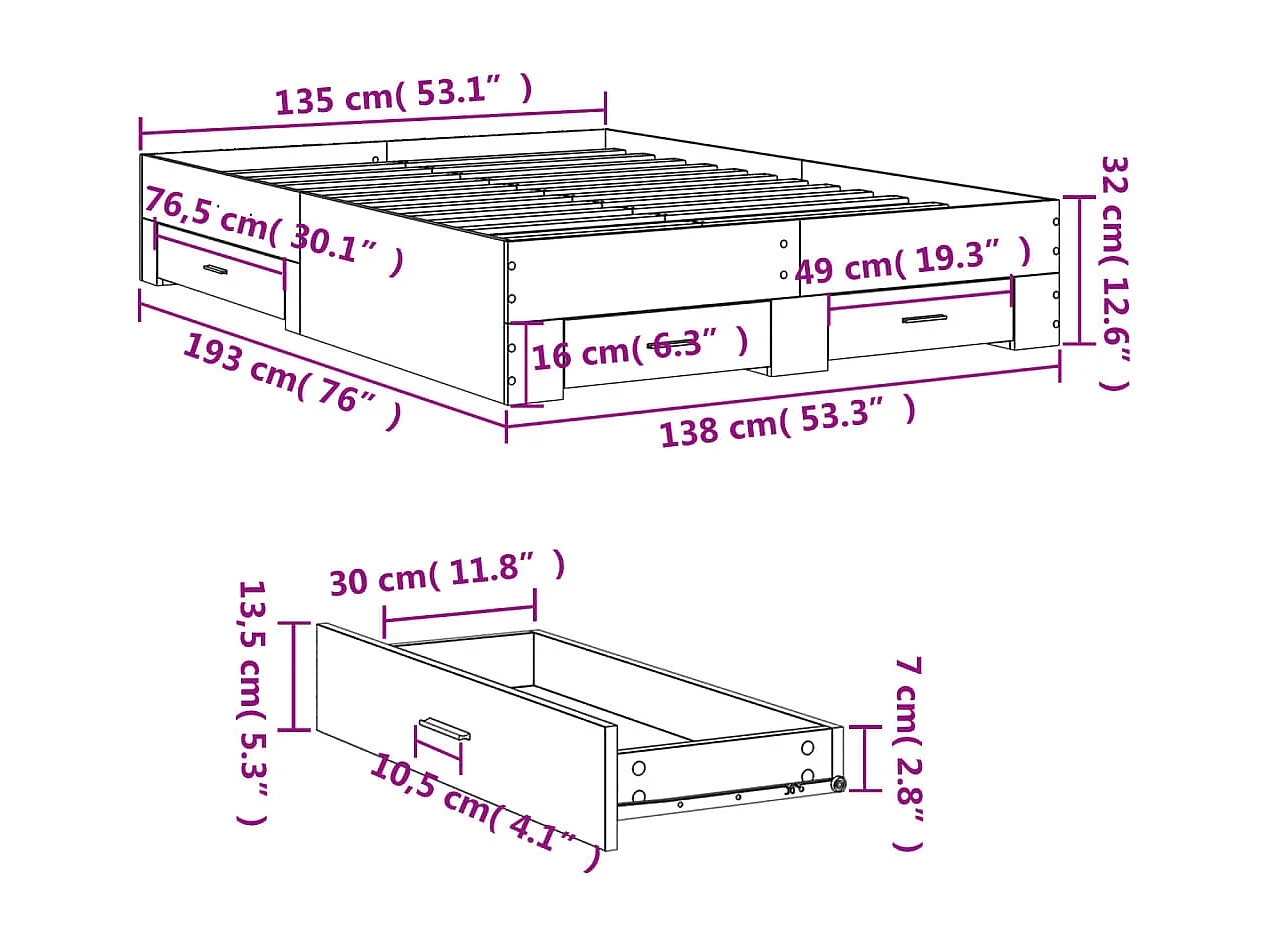 Cama con cajones madera de ingeniería negro 135x190 cm