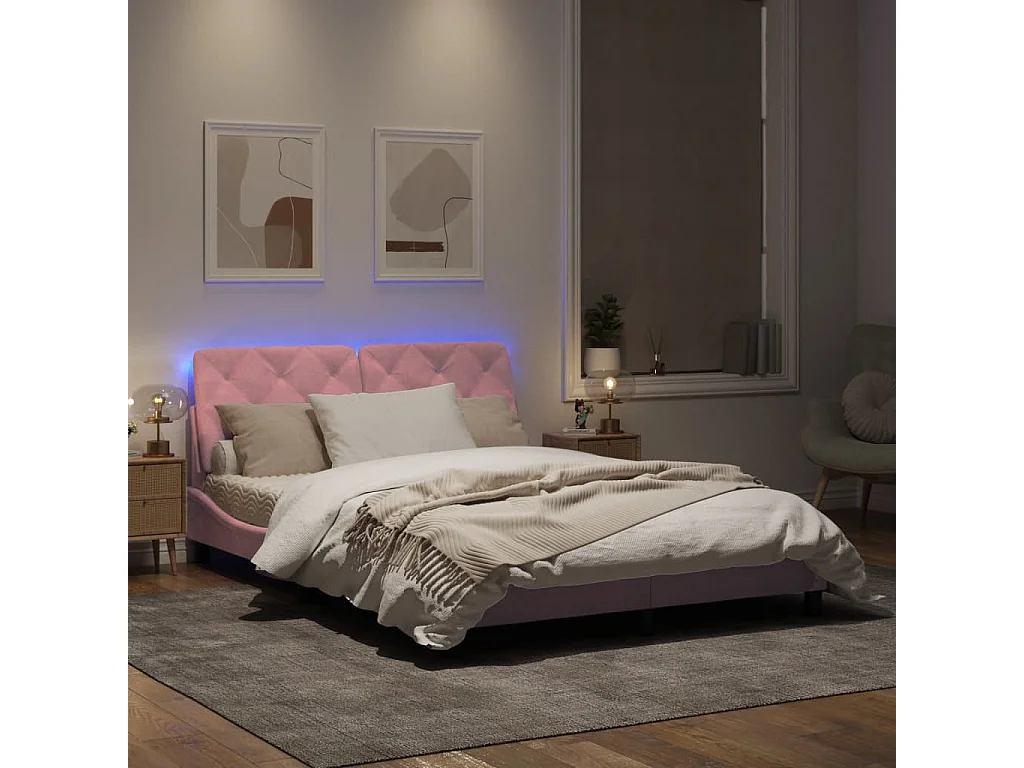 Estrutura de cama c/ luzes LED 160x200 cm veludo rosa