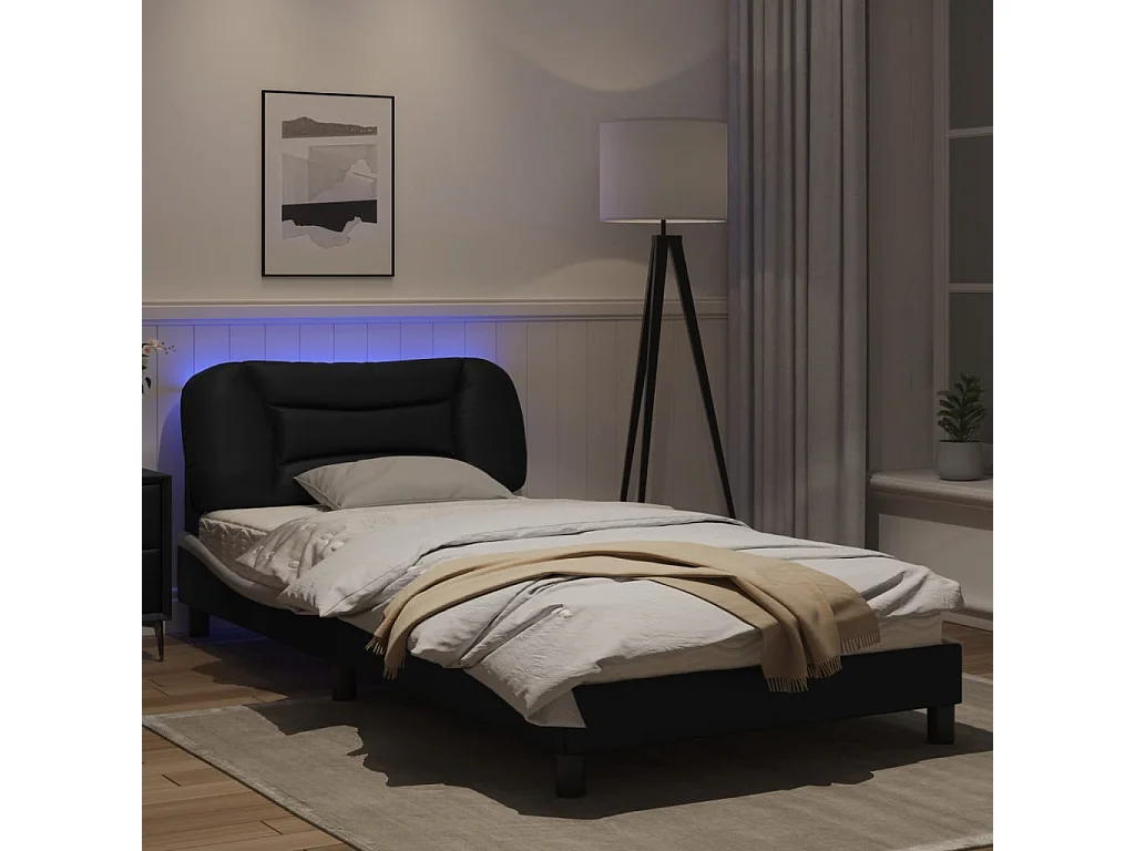 Estructura cama con LED cuero sintético negro blanco 100x200 cm