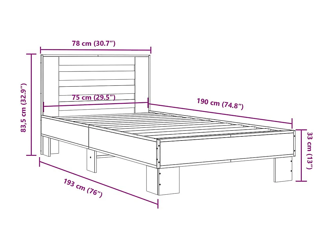 Estructura cama madera ingeniería metal gris Sonoma 75x190 cm