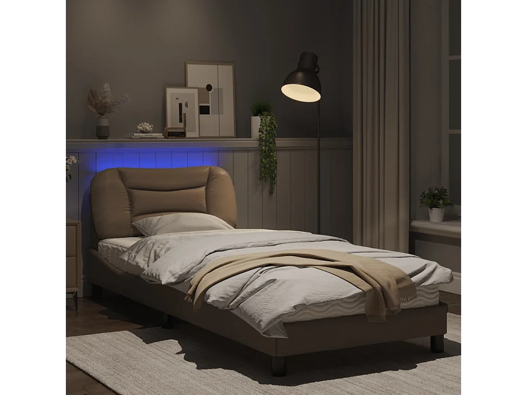 Estructura de cama con LED cuero sintético capuchino 90x190 cm