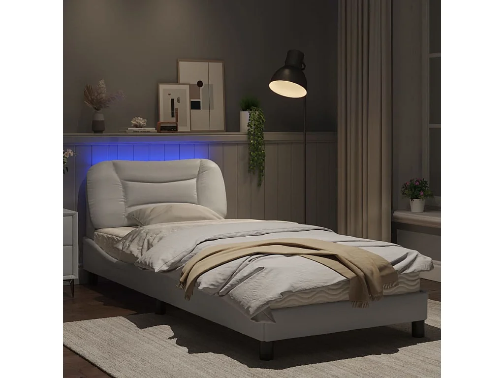 Estrutura de cama c/ luzes LED 90x190cm couro artificial branco
