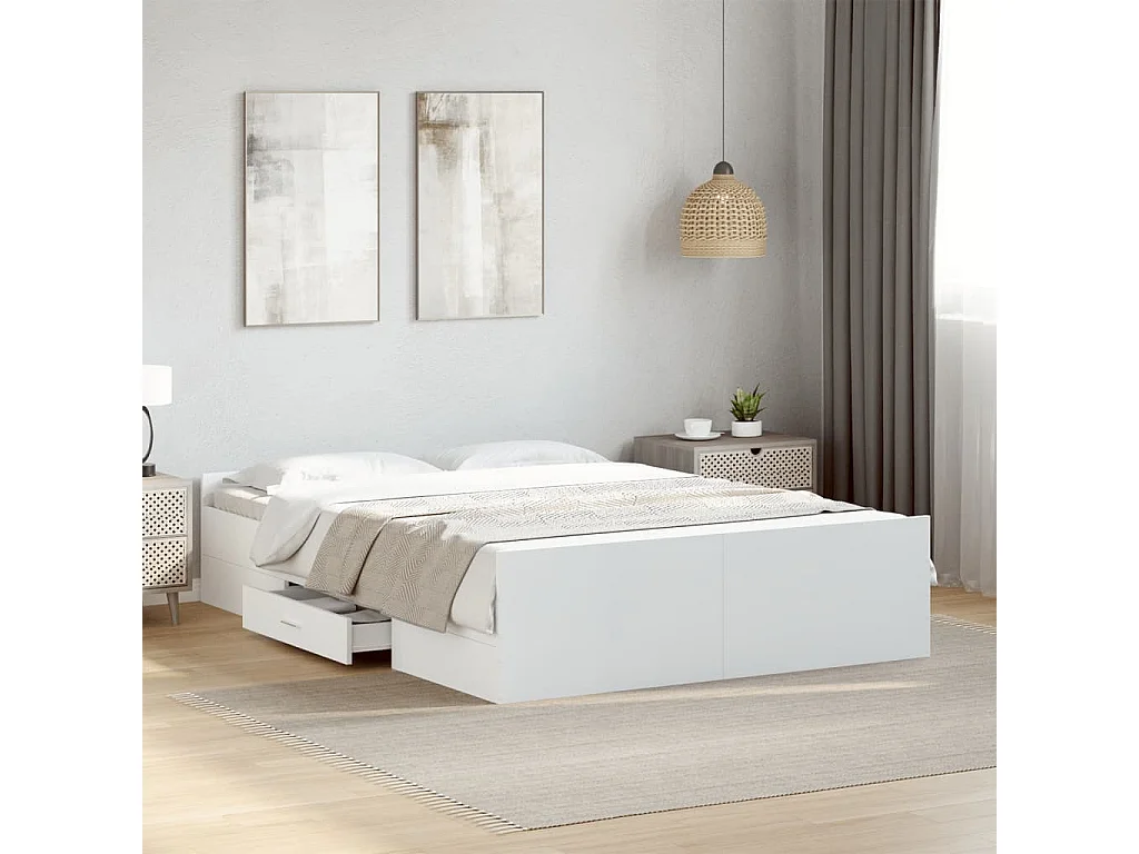 Cadre de lit avec tiroirs blanc 135x190 cm bois d'ingénierie
