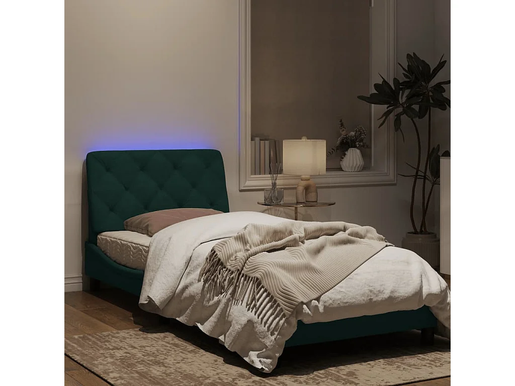 Cadre de lit avec lumières LED vert foncé 90x200 cm velours