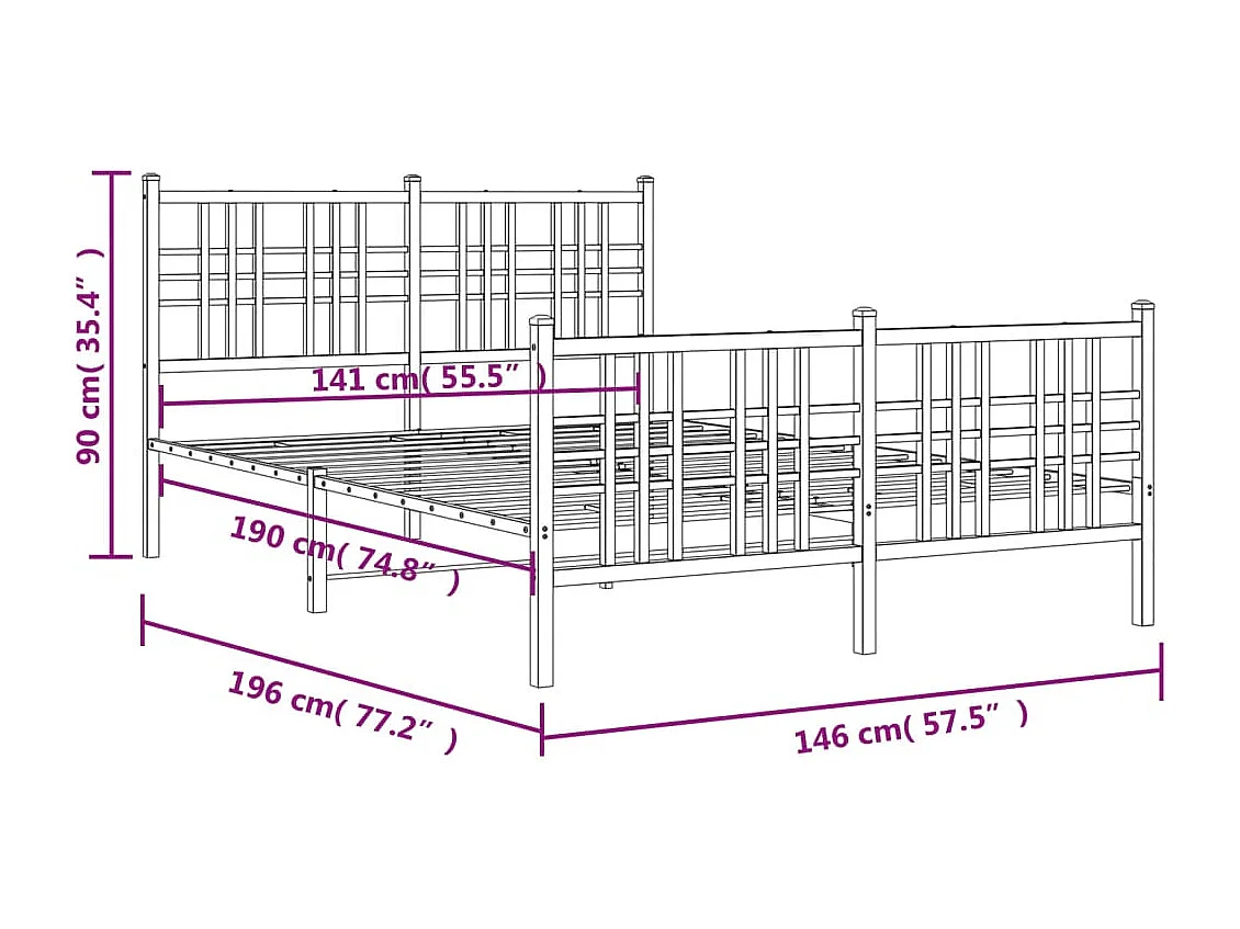 Estructura de cama cabecero y estribo metal negro 140x190 cm