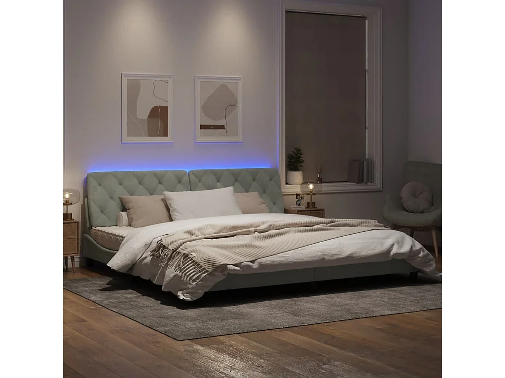 Estrutura de cama c/ luzes LED 200x200 cm veludo cinzento-claro