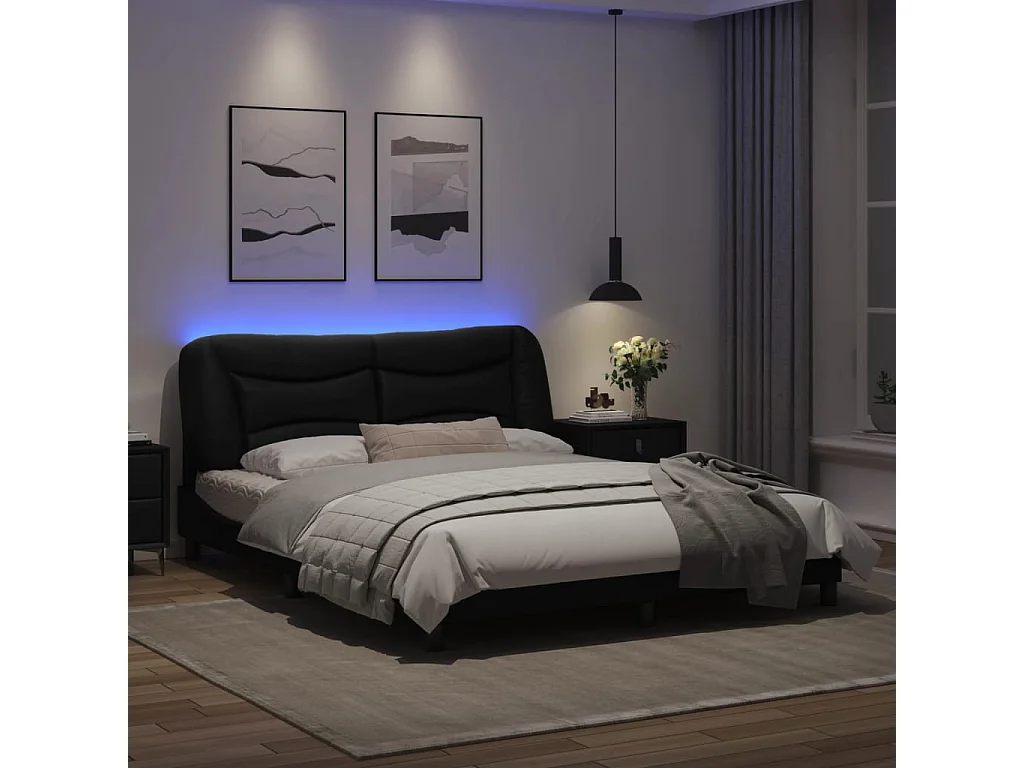 Estrutura de cama c/ luzes LED 160x200cm couro artificial preto