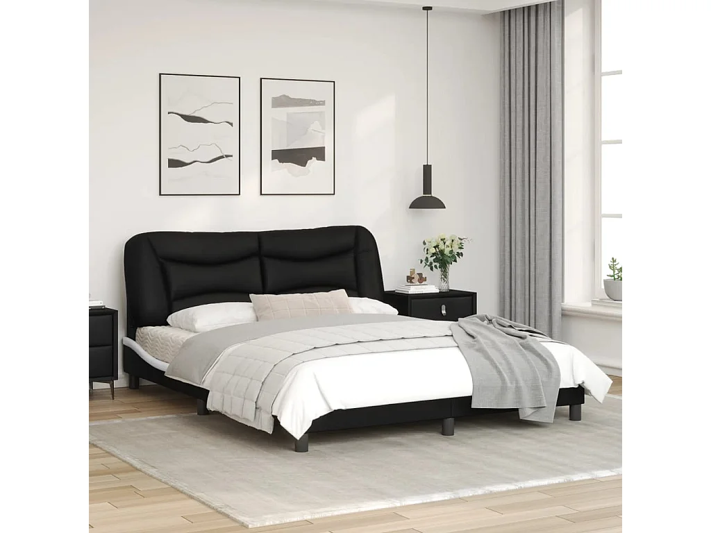 Estructura de cama con luz LED cuero PE negro blanco 160x200 cm