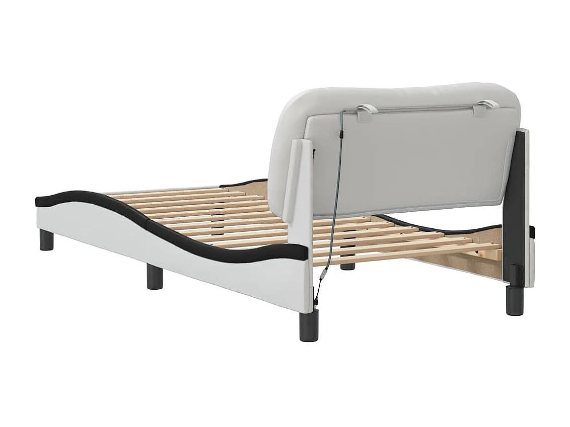 Estrutura cama c/ luzes LED 90x190 cm couro artif. branco/preto