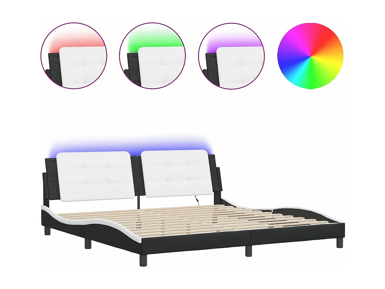 Estructura cama con LED cuero sintético negro blanco 200x200 cm