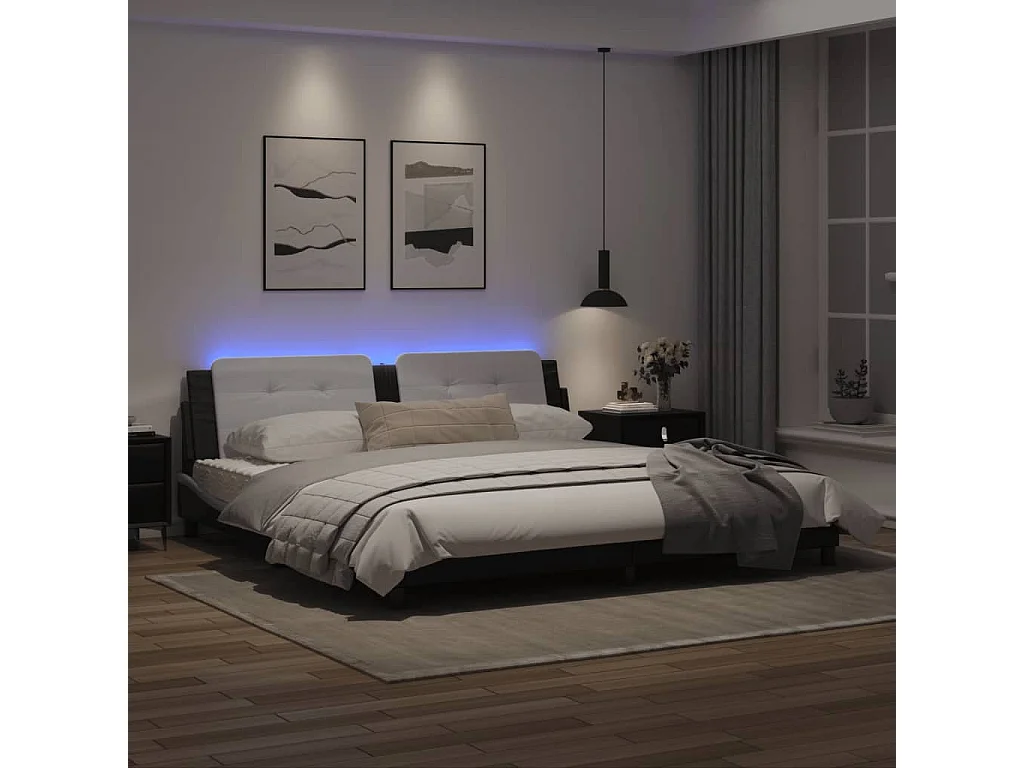 Estrutura cama c/ luz LED 200x200 cm couro artif. preto/branco