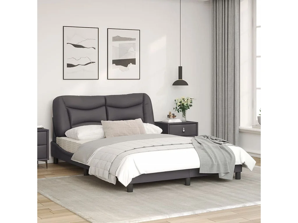 Estructura cama con luces LED cuero sintético gris 140x190 cm