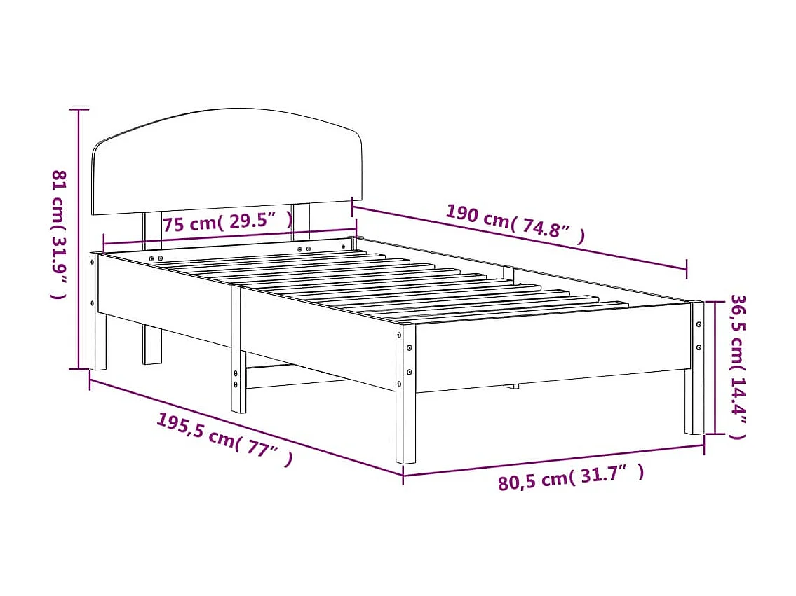 Estructura de cama con cabecero madera pino blanco 75x190 cm