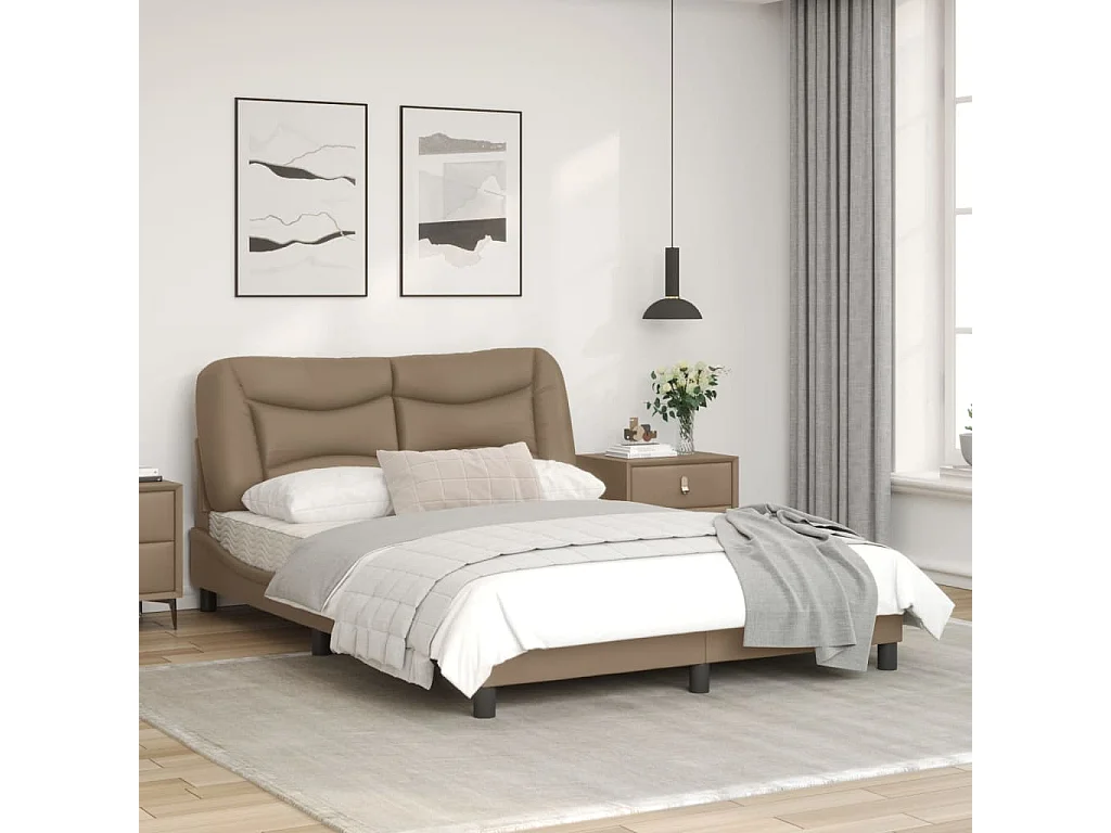 Estrutura cama c/ luzes LED 140x200cm couro artif. cappuccino