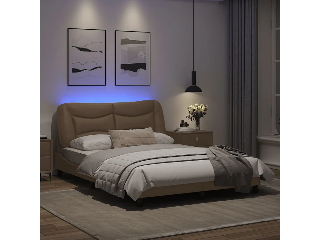 Estrutura cama c/ luzes LED 140x190 cm couro artif. cappuccino