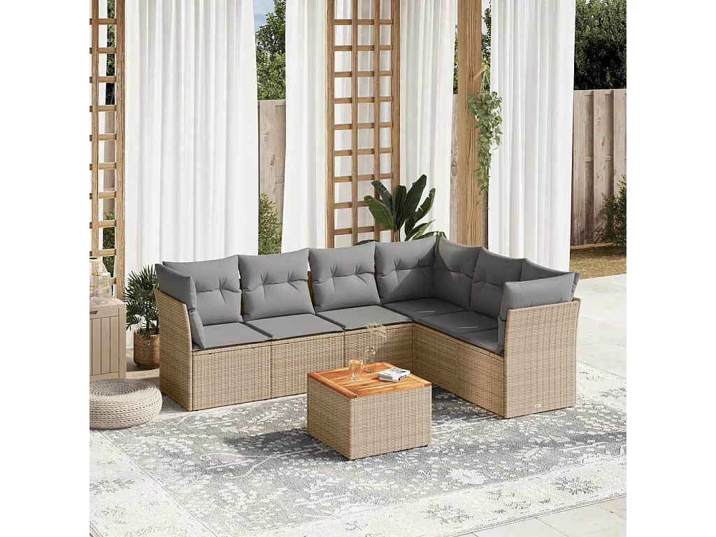 7-delige Loungeset met kussens poly rattan gemengd beige