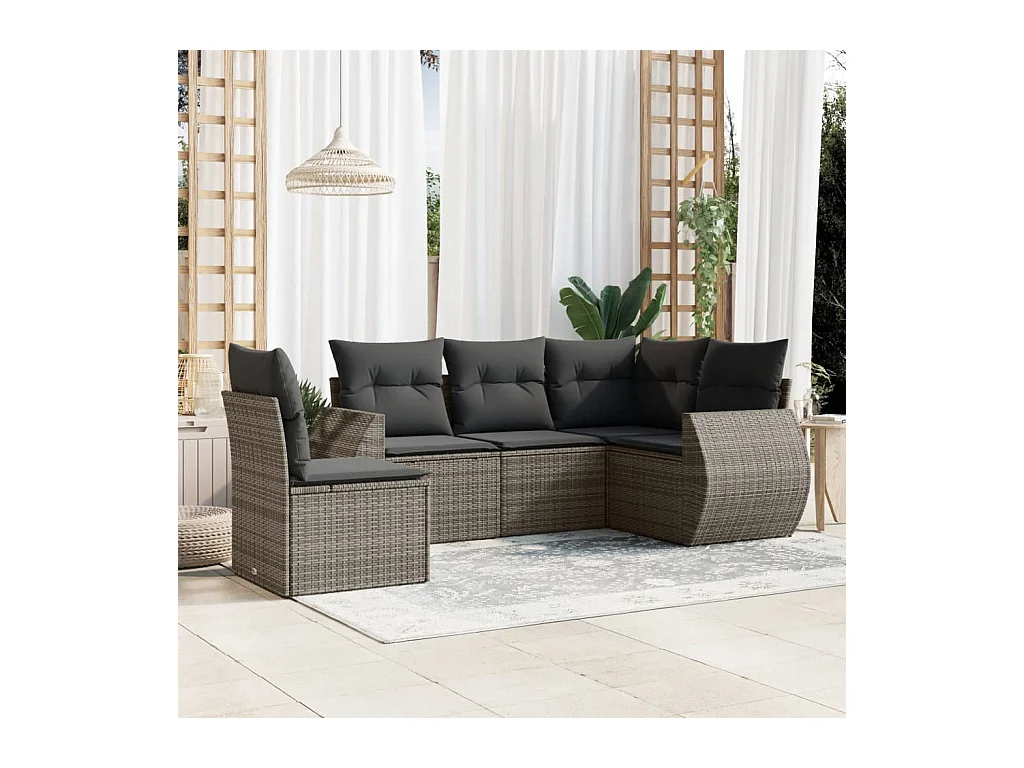 Salon de jardin 5 pièces avec coussins gris résine tressée