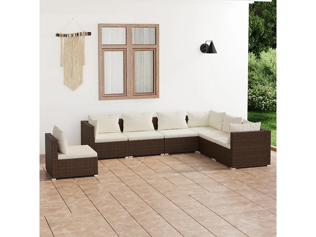 7-delige Loungeset met kussens poly rattan bruin