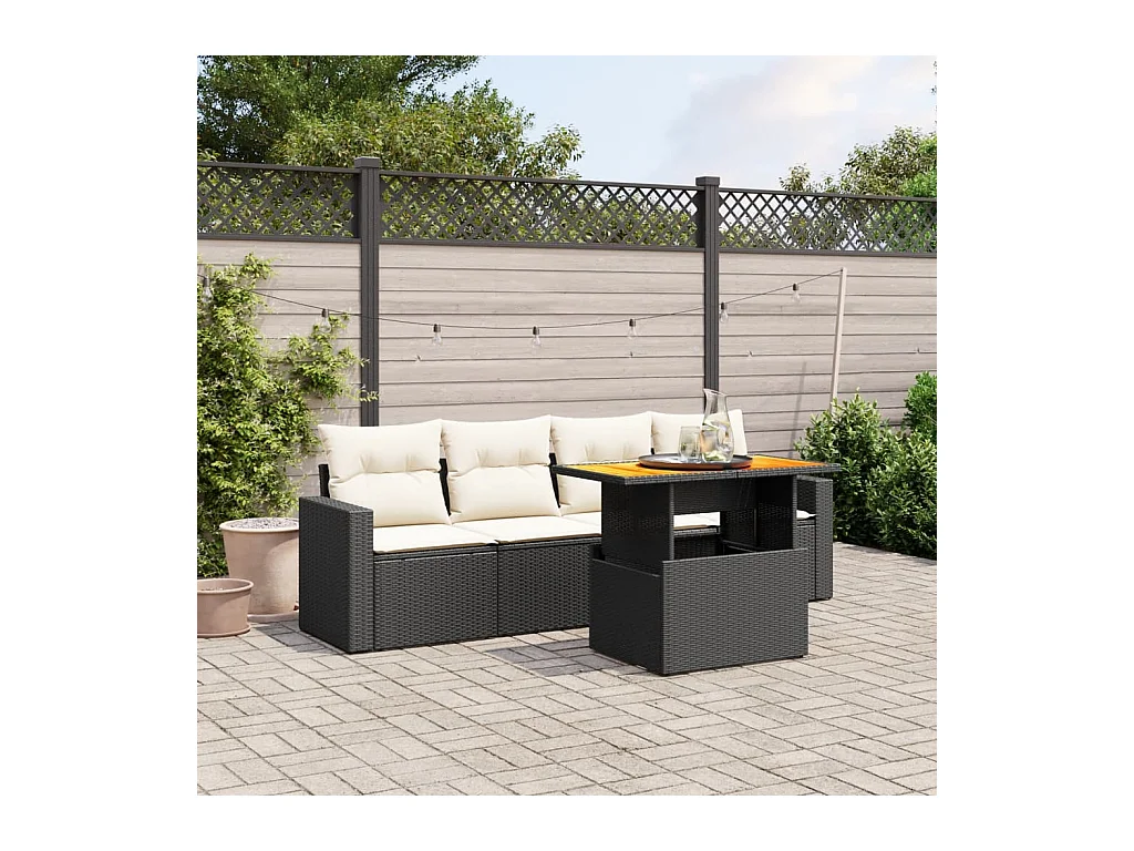 Salon de jardin 5 pièces avec coussins noir résine tressée
