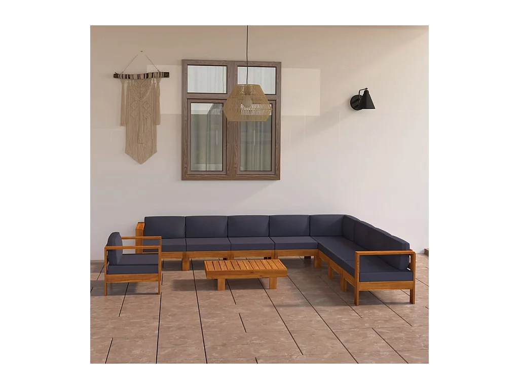 Salon de jardin 10 pièces avec coussins gris foncé Bois d'acacia