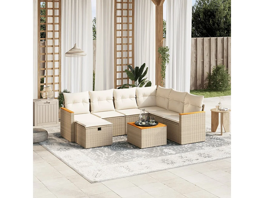 8 peças conjunto de sofás p/ jardim com almofadões vime PE bege