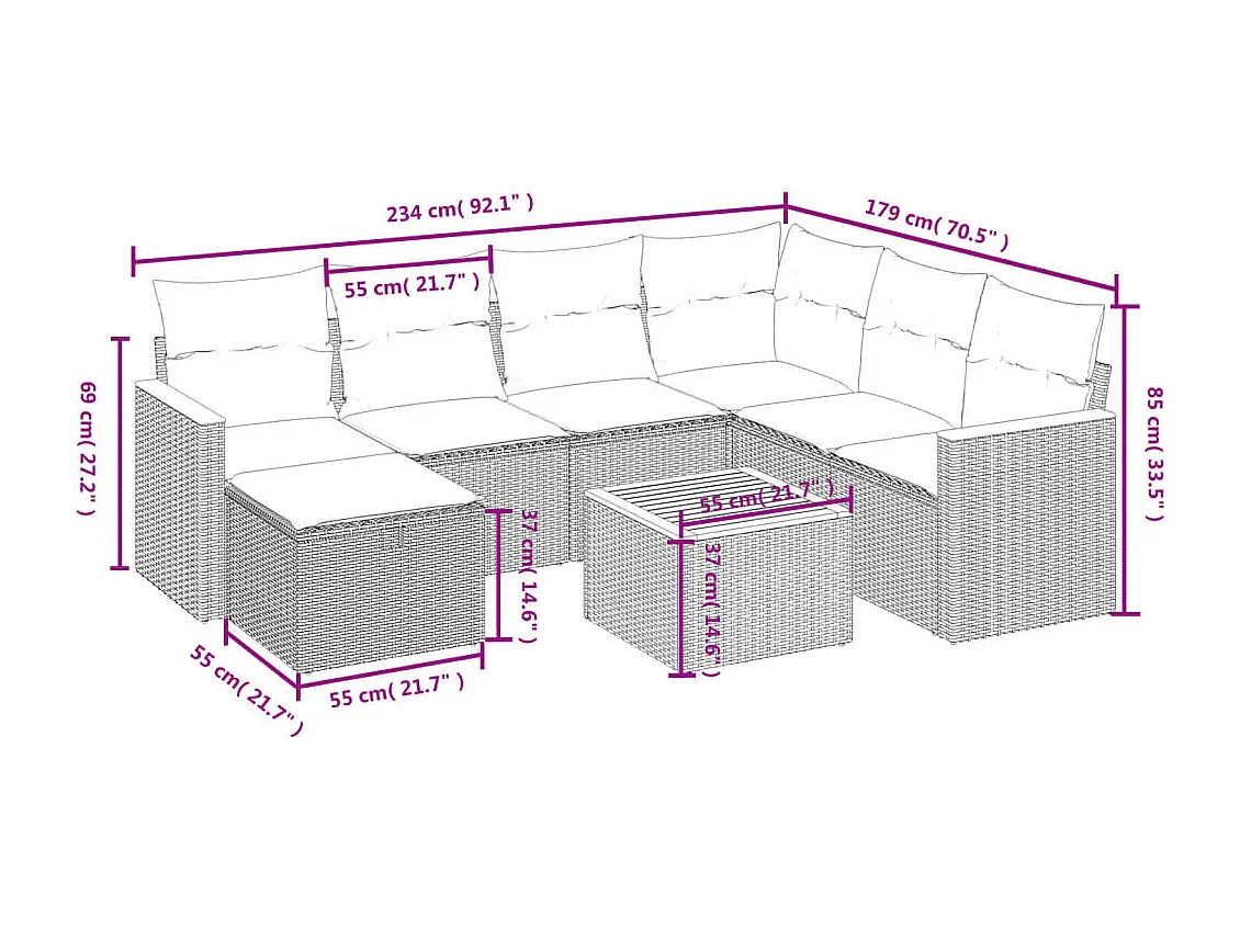 8 peças conjunto de sofás p/ jardim com almofadões vime PE bege