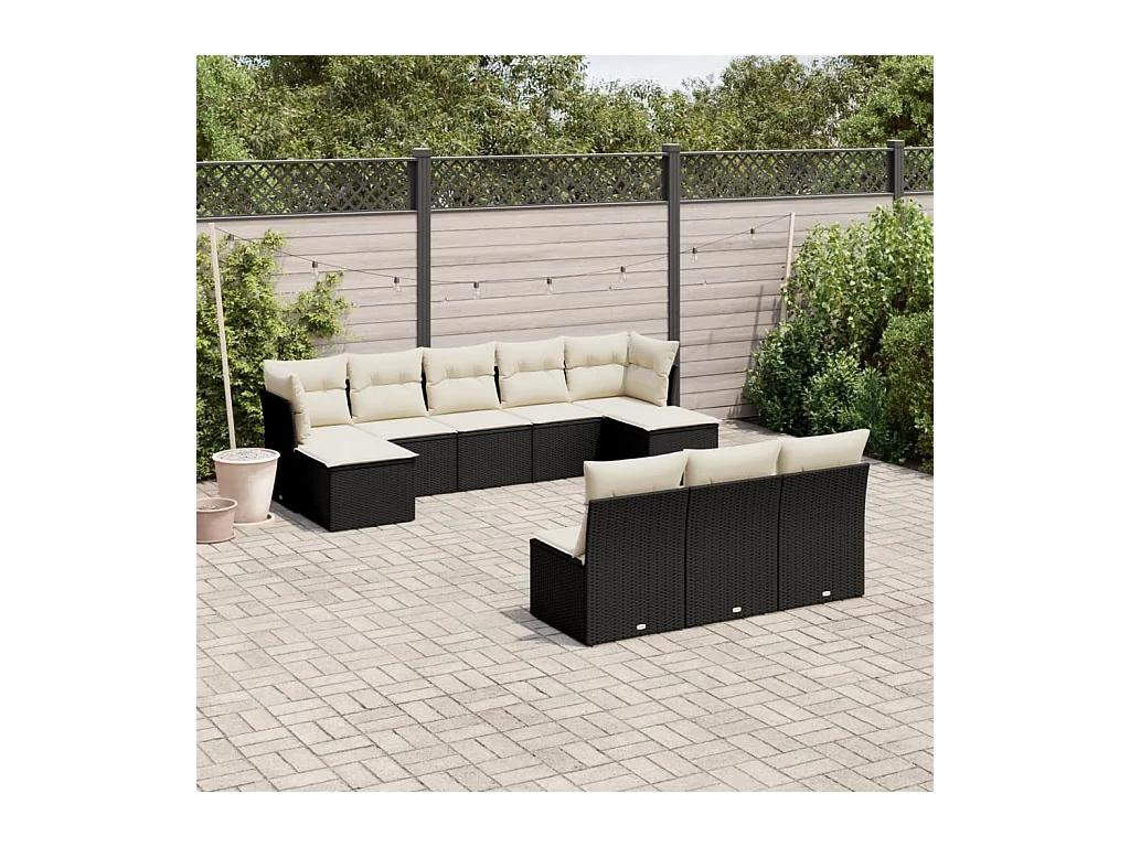 Salon de jardin 10 pièces avec coussins noir résine tressée