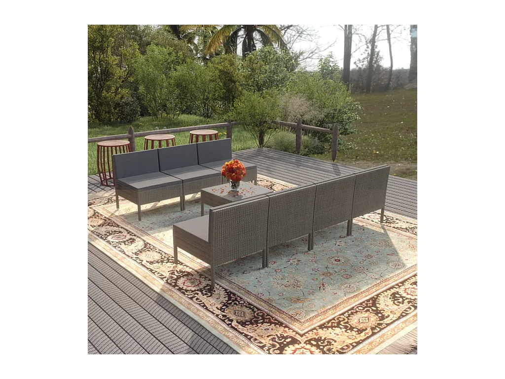 Salon de jardin 8 pièces avec coussins Résine tressée Gris