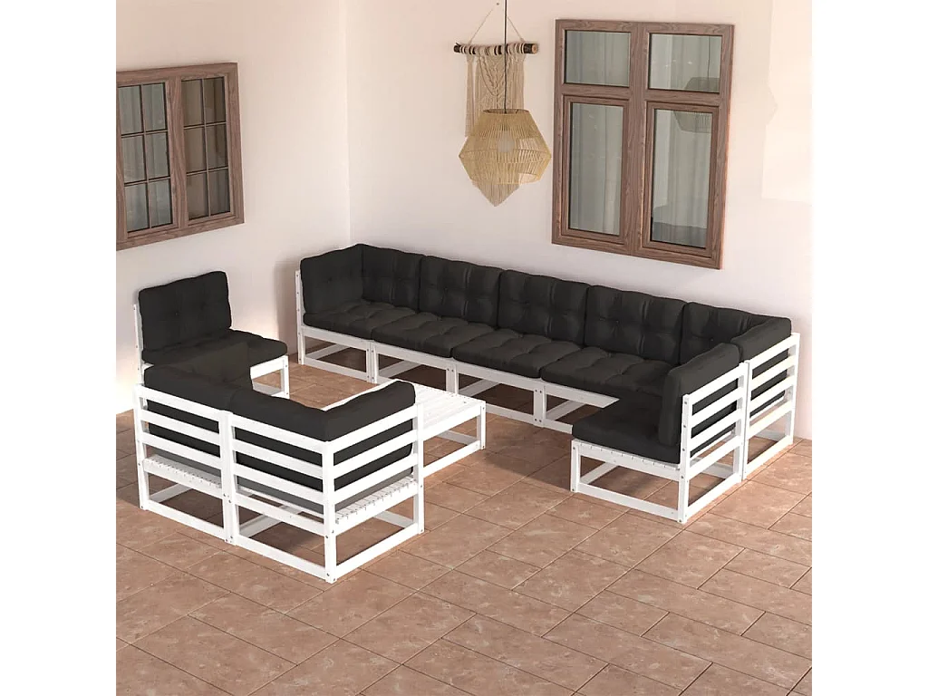 Salon de jardin 10 pièces avec coussins Bois de pin massif