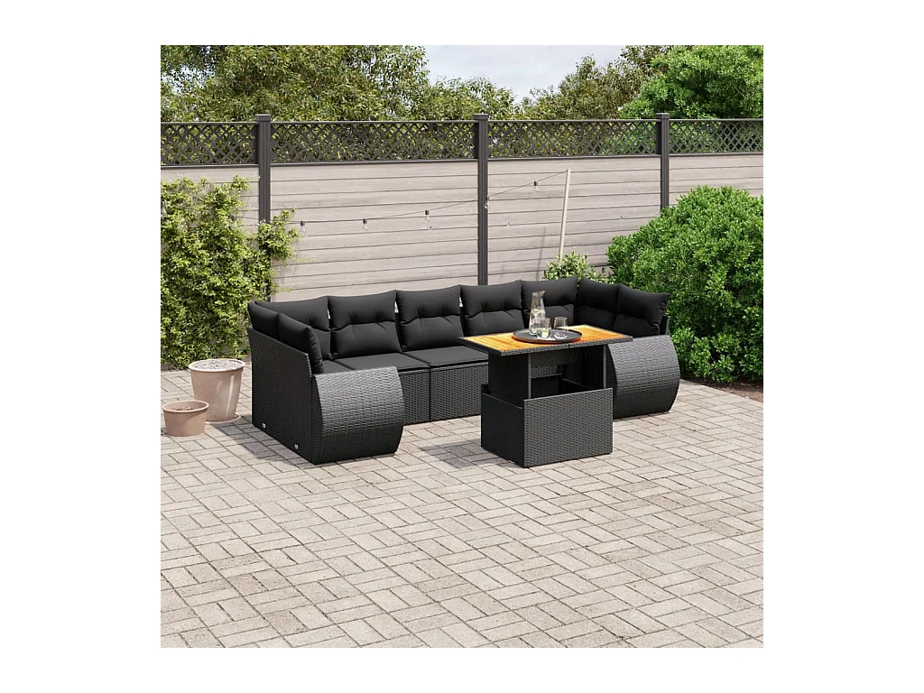Salon de jardin 8 pièces avec coussins noir résine tressée