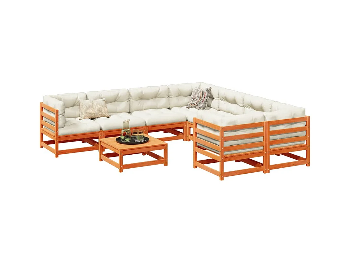 Salon de jardin 9 pièces avec coussins marron cire bois pin massif