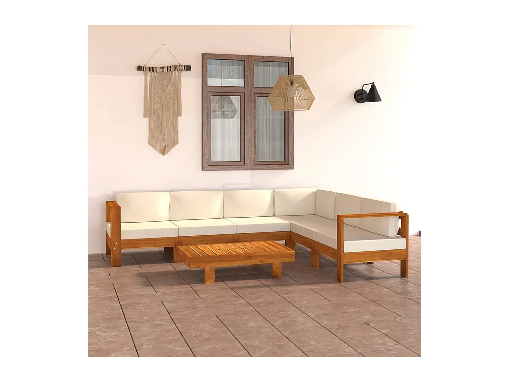 Salon de jardin 7 pièces avec coussins blanc crème Bois d'acacia