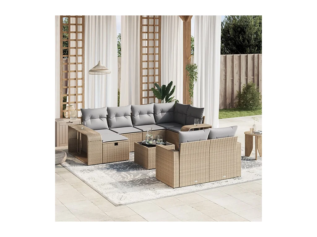 Set de sofás de jardín 11piezas con cojines ratán sintético beige