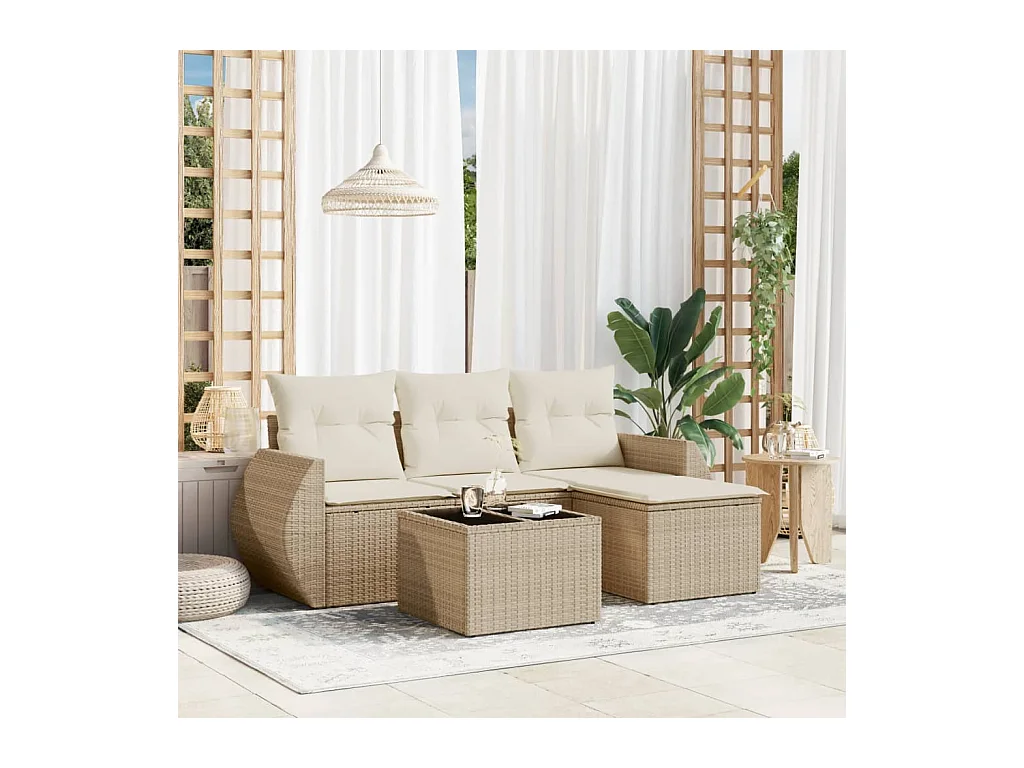 Salon de jardin avec coussins 5 pièces beige résine tressée