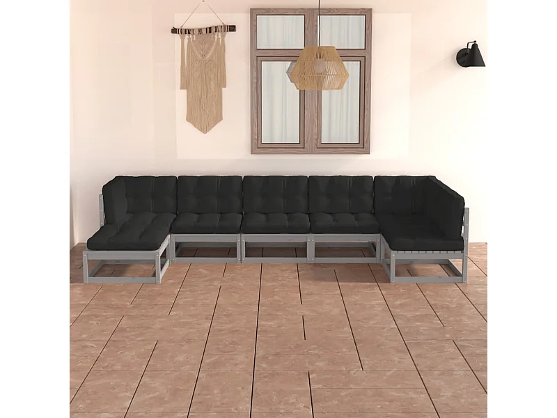 Juego de muebles de jardín 7 piezas y cojines madera pino maciza