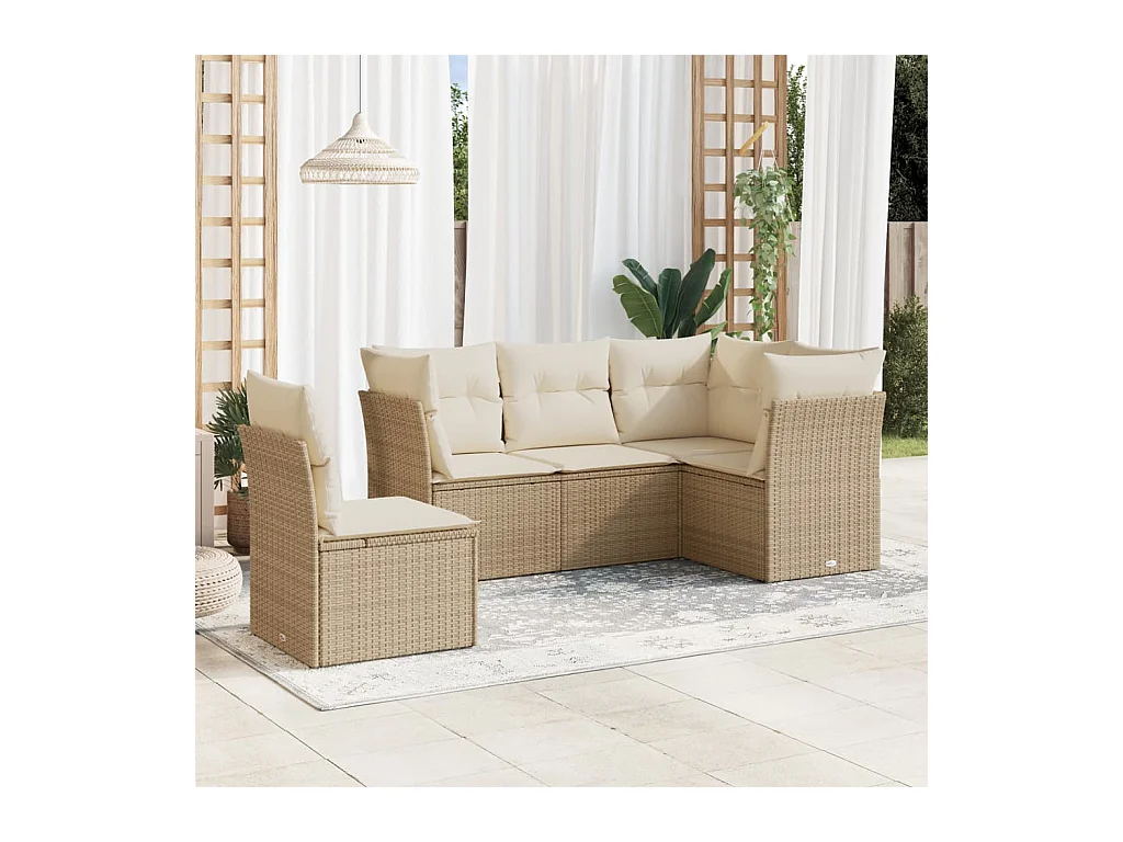 Salon de jardin avec coussins 5 pièces beige résine tressée