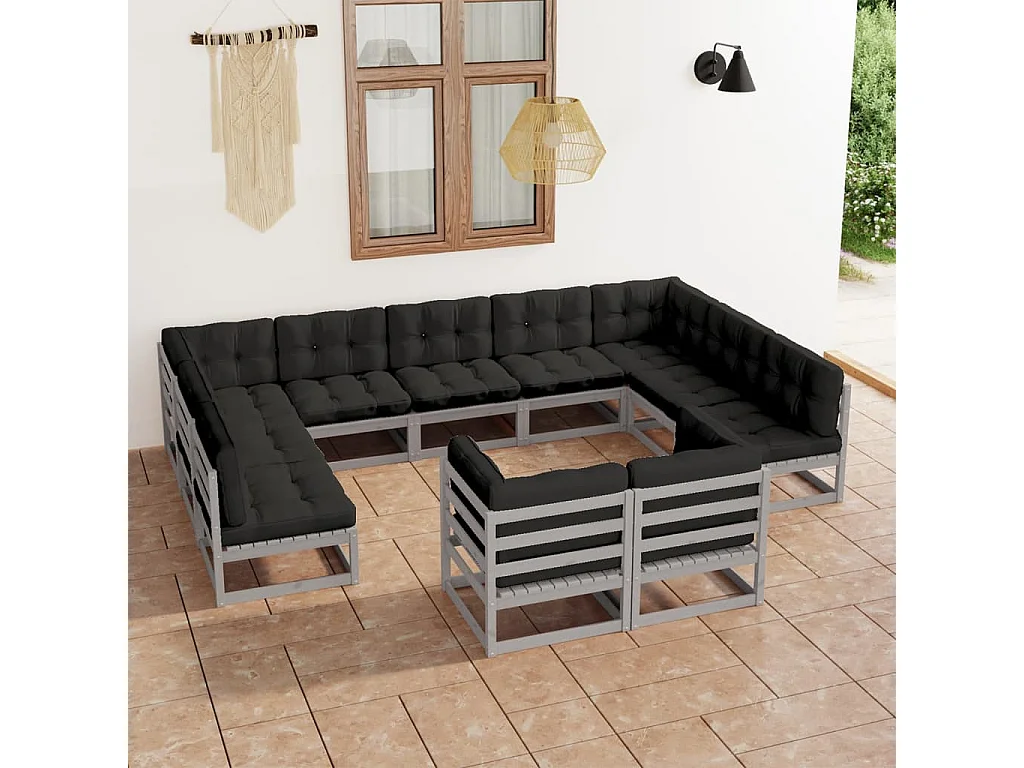 11 peças conj. lounge jardim c/ almofadões pinho maciço cinzento