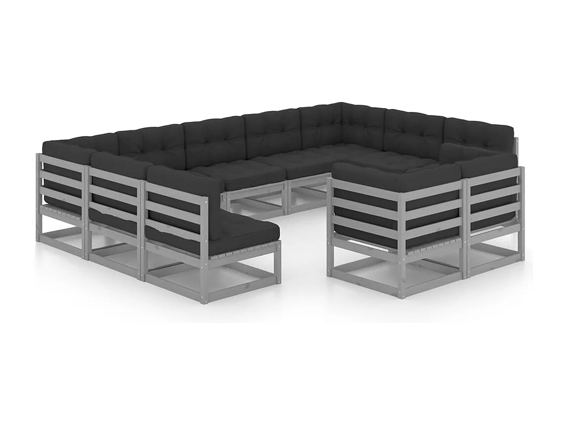 11 peças conj. lounge jardim c/ almofadões pinho maciço cinzento