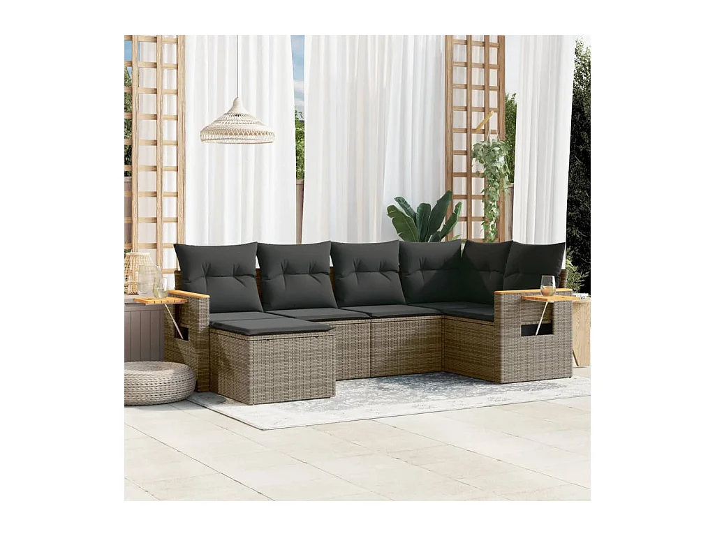 Salon de jardin 6 pièces avec coussins gris résine tressée