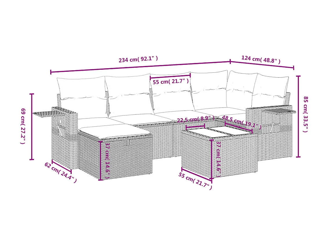 Set sofás de jardín 7 piezas y cojines ratán sintético beige