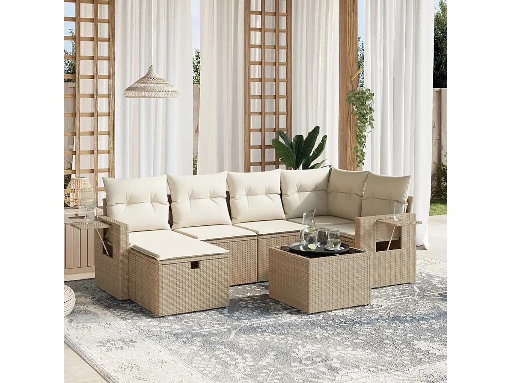 Salon de jardin avec coussins 7 pièces beige résine tressée