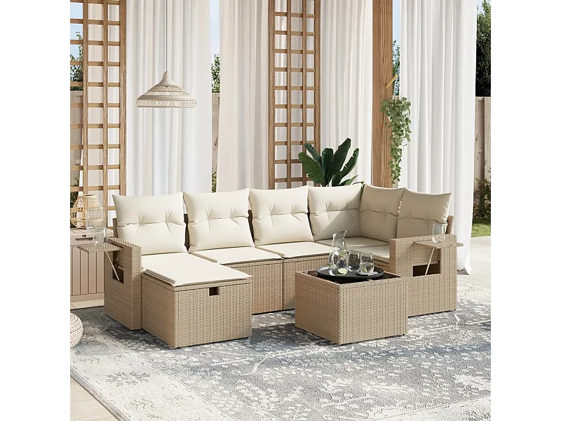 Salon de jardin avec coussins 7 pièces beige résine tressée